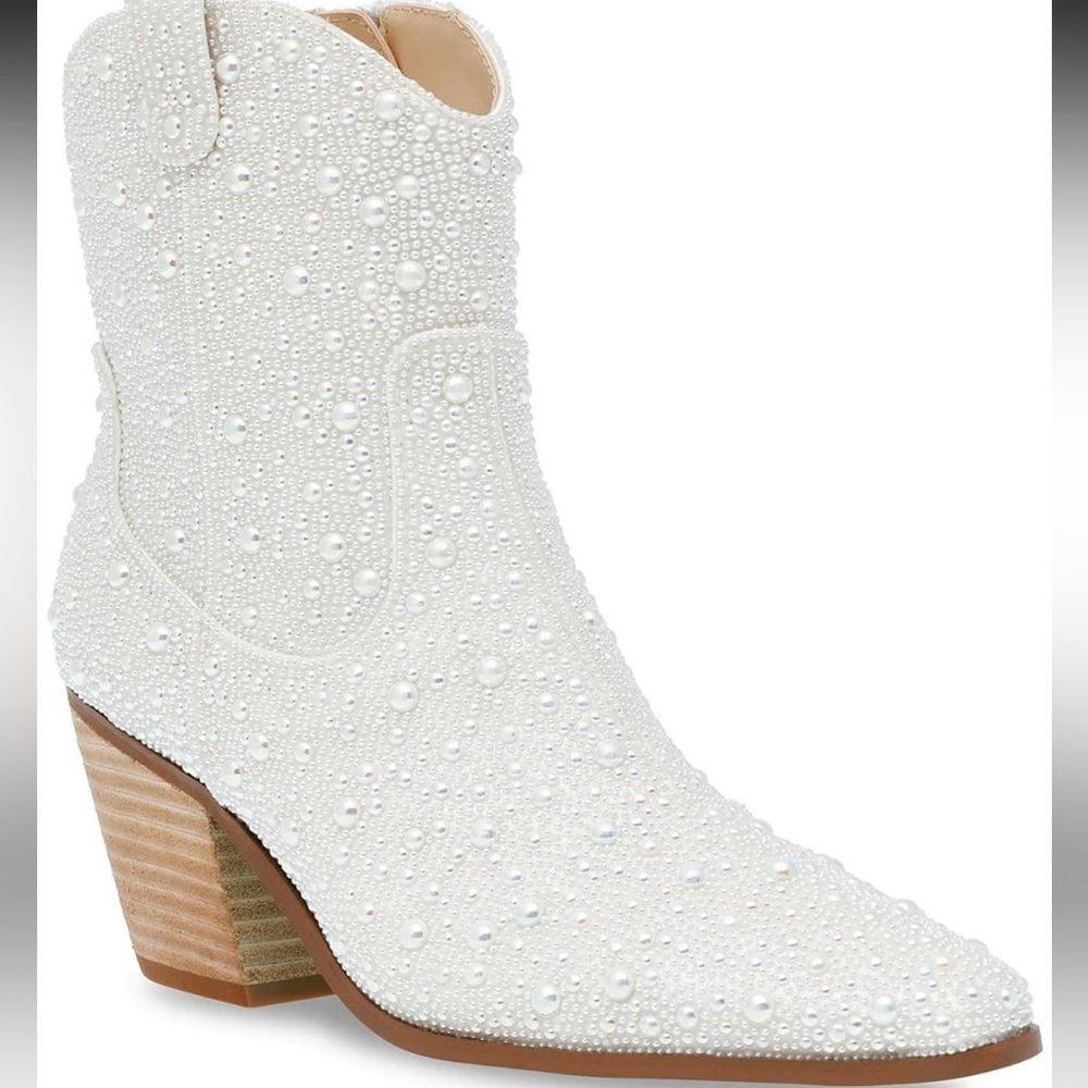 BETSEY JOHNSON PEARL EMBELLISHED WESTERN BOOTIES, IVORY/BONE SIZE 8.5